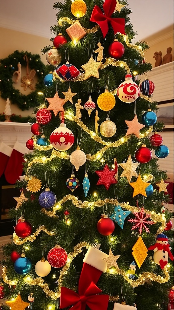 67 Creative Christmas Ornament Ideas A decorated Christmas tree with diverse ornaments, colorful lights, and a cozy living room setting.